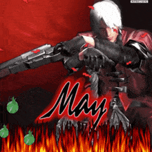 a man is holding a gun in front of a red background that says may
