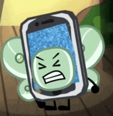 a cartoon character with wings is holding a cell phone with an angry face on the screen .
