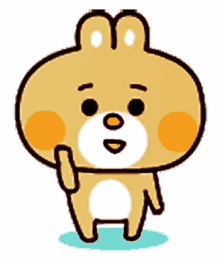 a cartoon bear is standing on a white background and waving his hand .