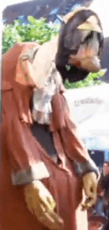 a scarecrow is standing in front of a crowd wearing a red coat and a hat .