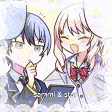 a boy and a girl are standing next to each other with a tablet .