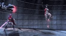 a video game scene with a robot and a superhero fighting each other