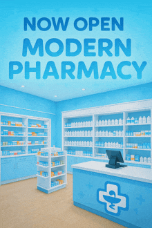 an advertisement for a modern pharmacy with shelves full of medicine
