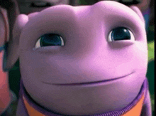 a close up of a purple cartoon character with blue eyes smiling