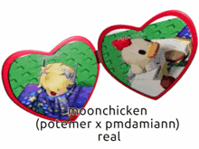 two heart shaped mirrors with the words moonchicken potemer x pmdamiann real at the bottom