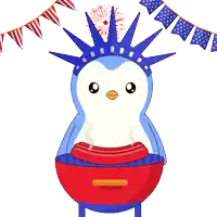 a penguin with a statue of liberty hat is grilling a sausage