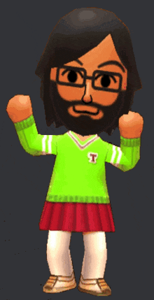 a cartoon character with a beard and glasses wearing a green shirt with the letter t on it