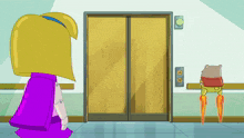 a cartoon character standing in front of an elevator