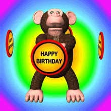a monkey holding a happy birthday sign with candles in it