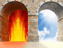 a brick archway with a fire coming out of one and a blue sky coming out of the other
