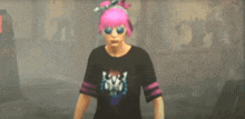 a girl with pink hair wearing sunglasses and a black shirt