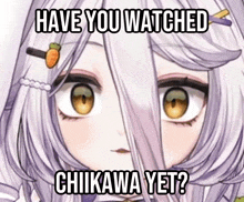 a meme of a girl with long white hair and a carrot in her hair .