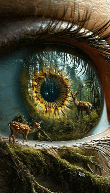 a close up of a person 's eye with deer in the reflection
