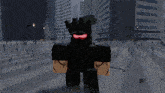 a cartoon character with a red eye is standing in front of a city
