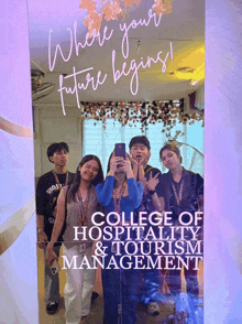 a poster for college of hospitality and tourism management shows a group of students posing for a picture