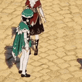 two anime characters are standing on a cobblestone street .
