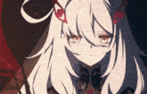 a girl with long white hair and red horns