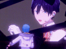 a couple of anime characters are standing next to each other in a room .
