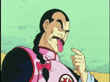 a cartoon character is sticking out his tongue and pointing at something