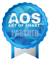 a blue badge that says aos art of smart partner on it