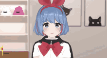 a girl with blue hair and a red bow