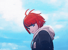 a cartoon character with red hair and blue eyes is standing in front of a blue sky