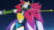 a cartoon character with a sword and a flower on his head is standing in the night sky .
