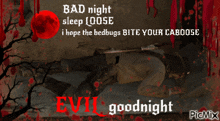 a poster that says " bad night sleep loose " and " evil goodnight "