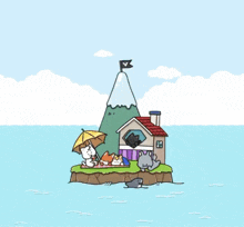 a cartoon illustration of a house on a small island in the ocean