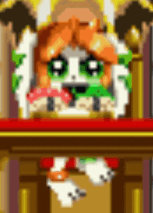 a pixel art drawing of a cartoon character sitting on a throne