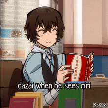 a picture of a boy holding a book that says dazai when he sees riri