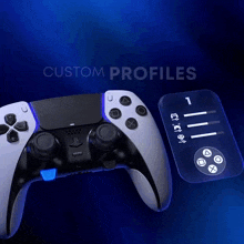 a playstation controller with the words custom profiles written above it