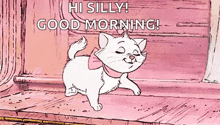 a cartoon cat is walking on a wooden floor and says `` hi silly good morning '' .