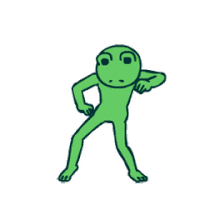 a green frog is standing on its hind legs .