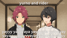 two anime characters are standing next to each other with the words yurto and rider written above them
