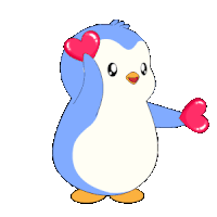 a blue and white penguin is holding a heart in front of its eyes
