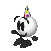 a pixel art of a white ball with black eyes and a party hat .