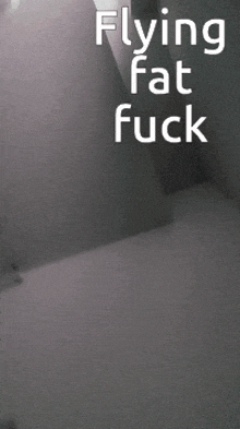 a black and white photo of a cat with the words flying fat fuck above it