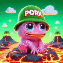 a frog wearing a green hat that says pork on it