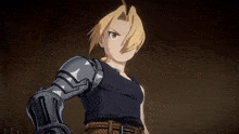 a cartoon character with a black shirt and a metal arm