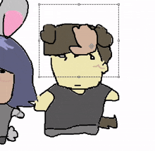 a drawing of a man with a dog on his head standing next to a girl with bunny ears