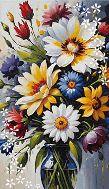 a painting of flowers in a blue vase on a wall