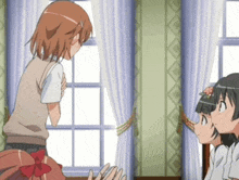 three anime girls are looking out a window