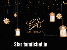 a greeting card for eid mubarak with gold lanterns and stars