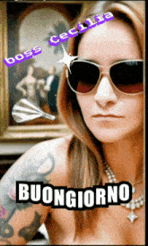 a woman wearing sunglasses and a necklace with the words buongiorno below her