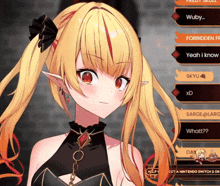 a girl with blonde hair and red eyes is talking on a video game