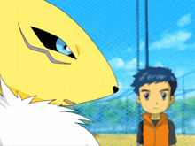 a boy stands next to a yellow and white animal