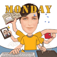 a cartoon of a man with many hands and the word monday