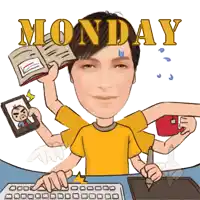 a cartoon of a man with many hands and the word monday