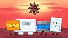 a group of cartoon characters standing in front of a sunset